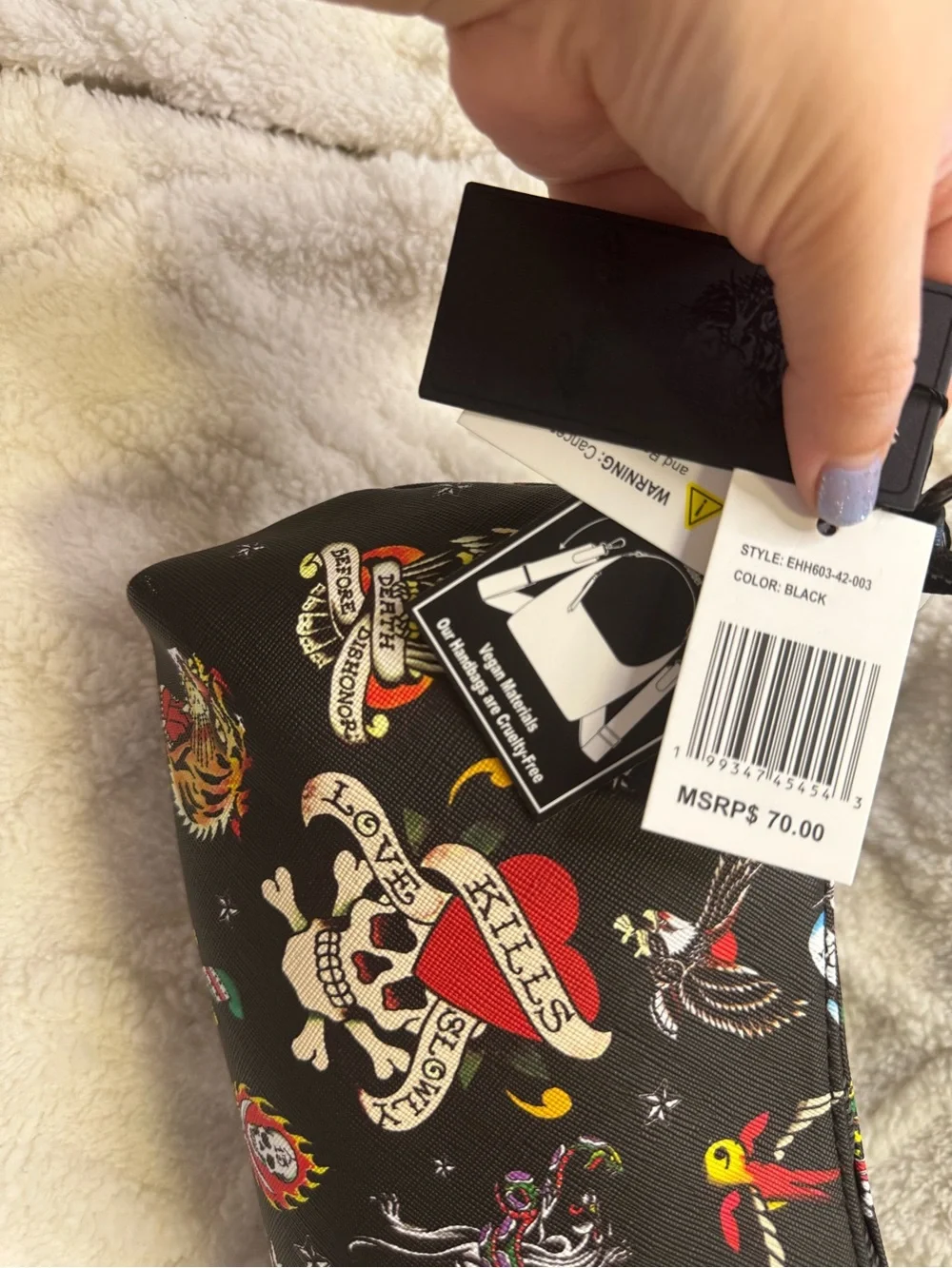 Ed Hardy Black Multicolor Tattoo-Print Crossbody Bag with Grommet Trim